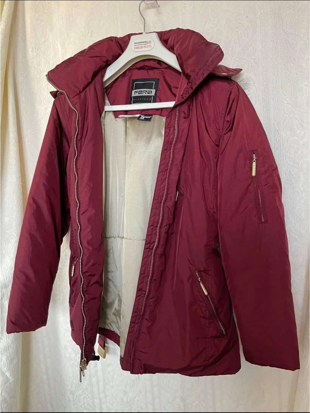 FERA SKI jacket coat Burgundy Puffer Parka with Faux Fur Trim size 8